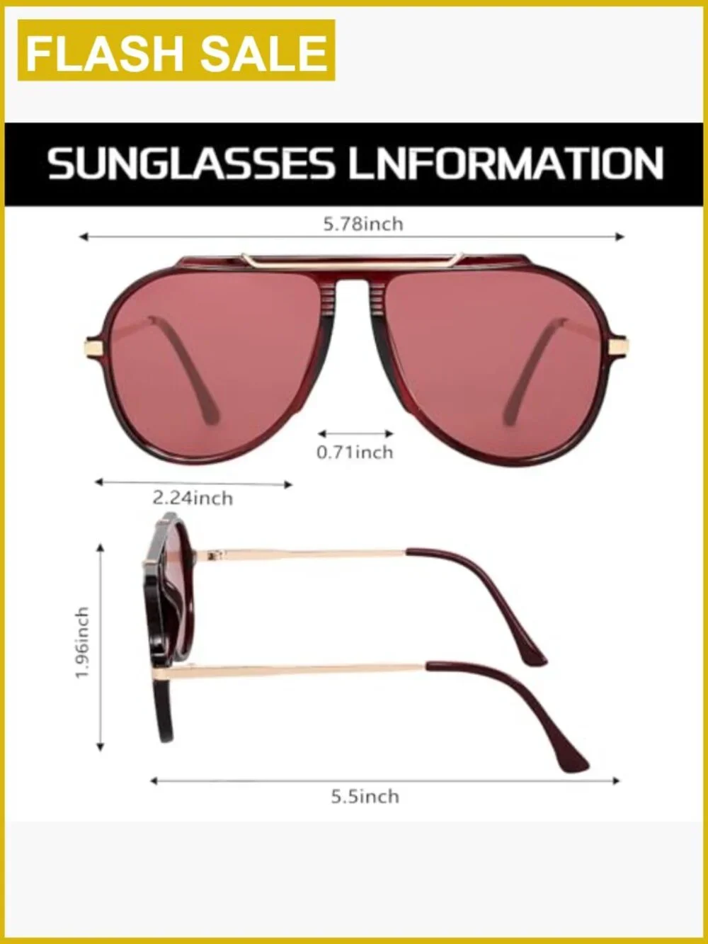 Oversized Aviator Sunglasses Retro Gold Metal Square Shades